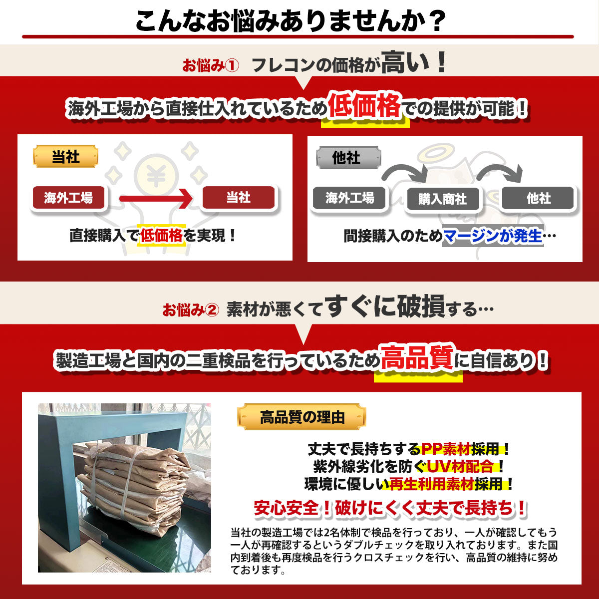 フレコンバッグ 1トン 丸型 反転ベルト付き UV加工 ネット付き ワンウェイ フレコン トン袋 トンバック クロスコンテナ